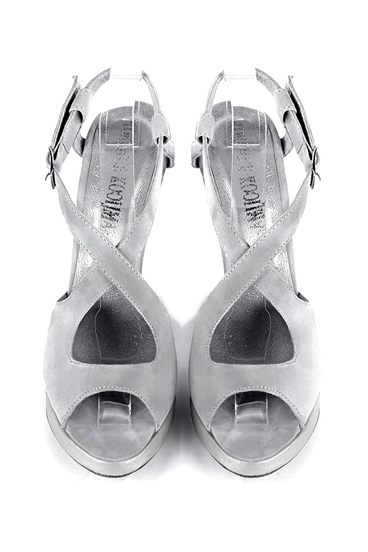 Pearl grey and light silver women's open back sandals, with crossed straps.. Top view - Florence KOOIJMAN